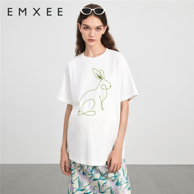 嫚熙（EMXEE）孕妇短袖夏装外穿宽松T恤时尚上衣白色纯棉打底衫夏季孕妇装 米白色 L