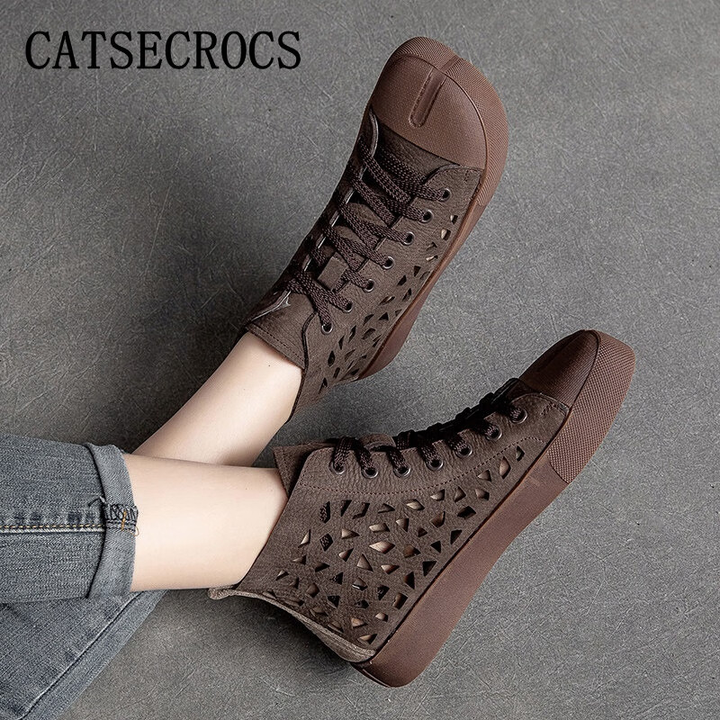 cat secrocs轻奢品牌女靴春夏季复古牛皮镂空高帮鞋女短靴薄款头层