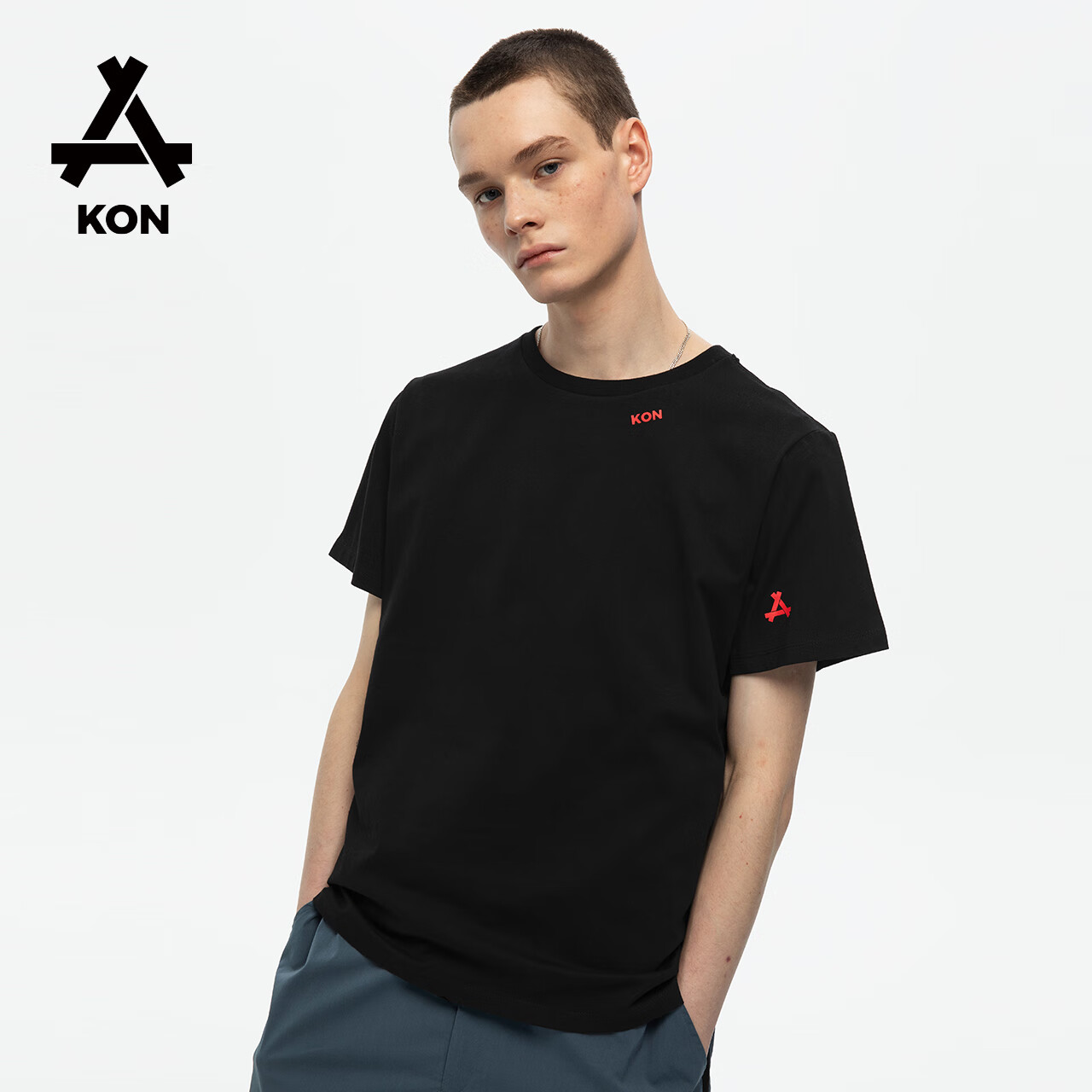 KON黑色短袖T恤男潮牌青年男生学生圆领套头纯棉体恤2020夏季新款 黑色 XXL/185