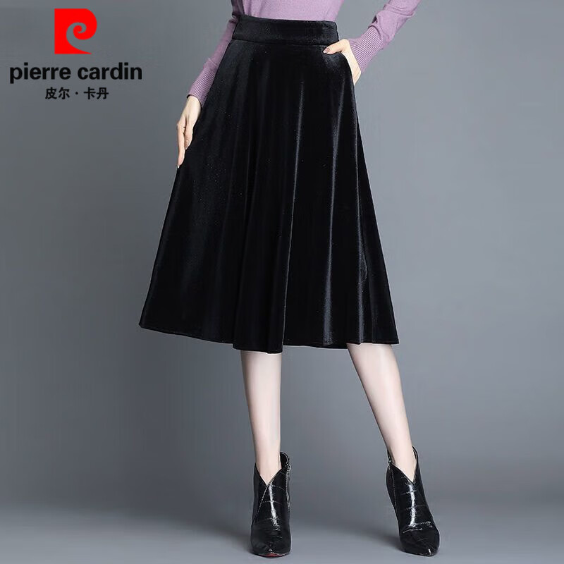 皮尔卡丹金丝绒半身裙女2025秋冬新款中长裙大d码女装A字裙百褶裙裙子女 【5065#】黑色 L 【建议105-120斤】