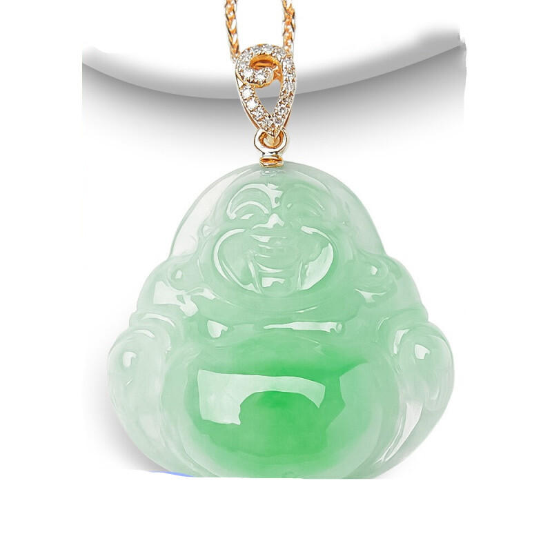 甄祥 18k金镶嵌冰种翡翠佛公吊坠女玉佛弥勒佛玉坠笑佛挂坠珠宝