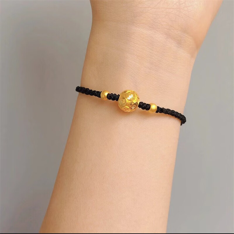 女999足金手链金钱珠编织手绳送男女情侣款礼 大号金钱珠 2金珠 黑绳