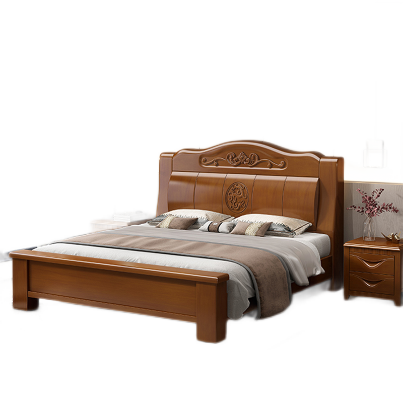 优卡吉 中式实木双人床橡胶木现代简约主卧室家用高箱储物 YSY-905 1.5/1.8米框架床+20cm乳胶床垫+床头柜*2