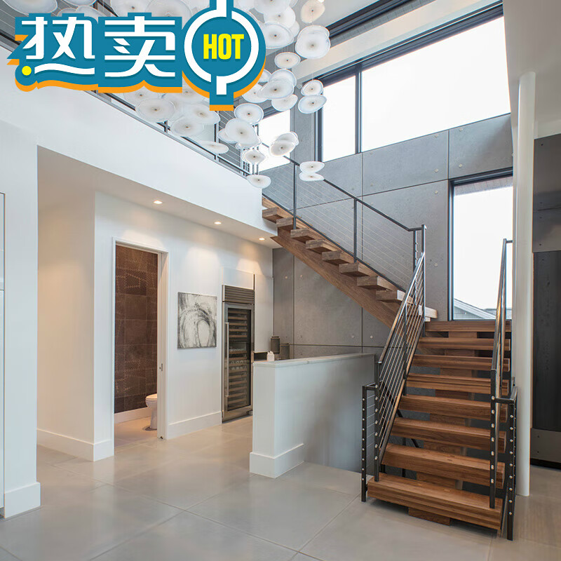 画萌实木楼梯自建房别墅双跑复式轻奢阁楼定制室内整体玻璃成品网红