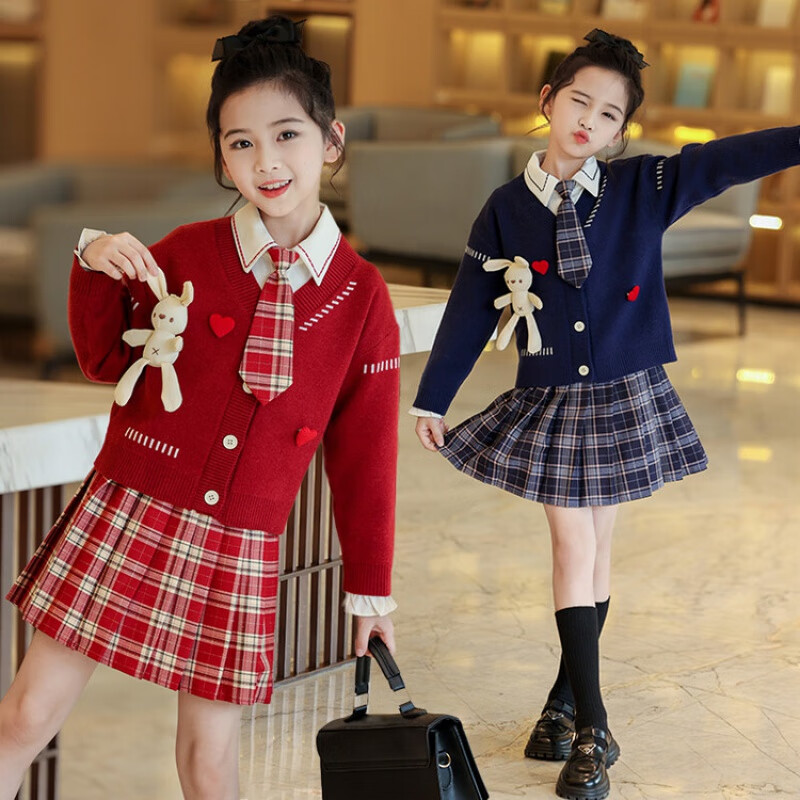 G.duck童装女童套装春秋学院风儿童JK裙子洋气可爱女大童毛衣衬衫三件套 红色三件套 120 (建议身高110cm 6-7岁)c