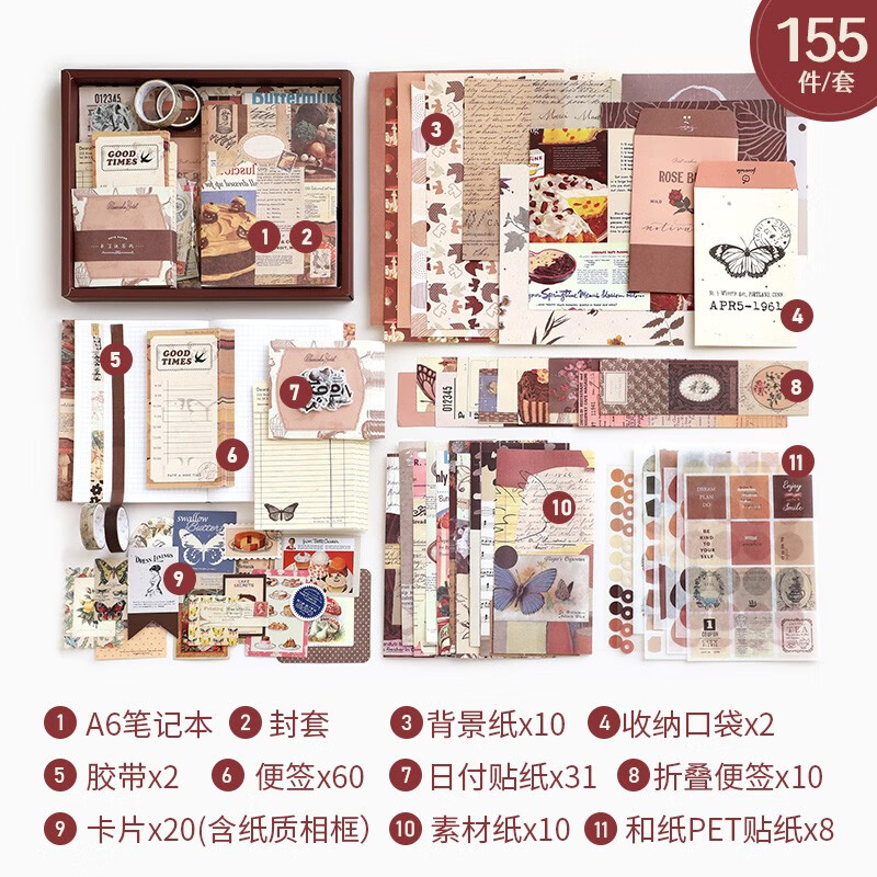 文艺复古少女心手账礼盒创意ins风手帐素材套装笔记本文具材定制 可可