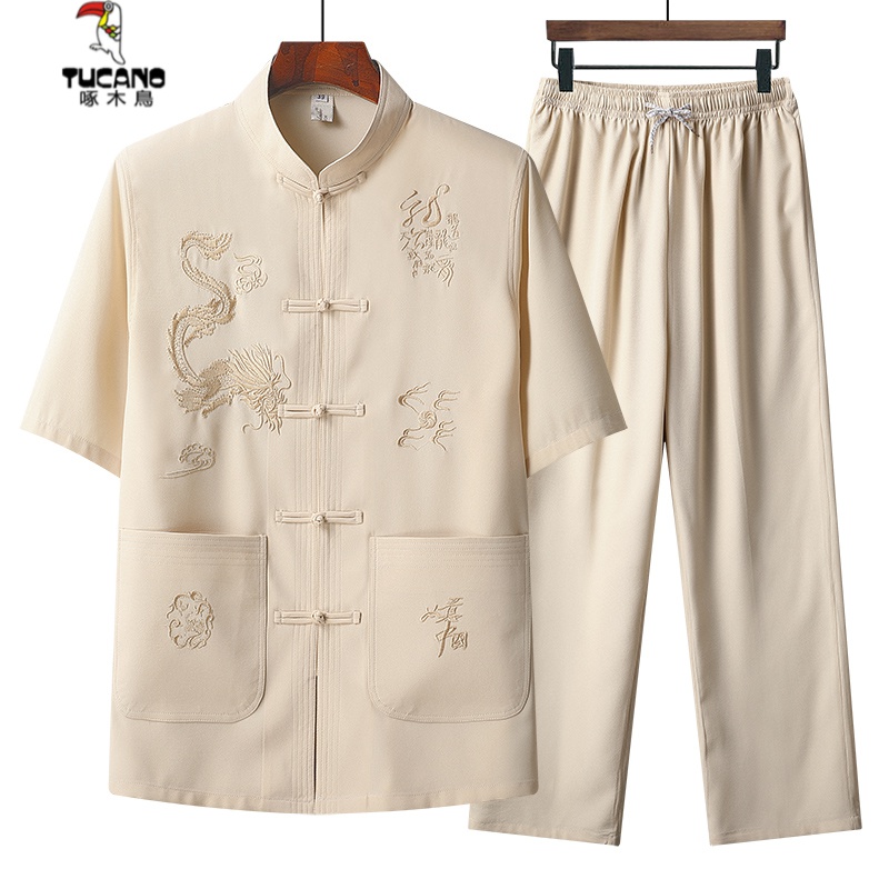 啄木鸟唐装男两件套装夏季中老年人刺绣亚麻中山装汉服中国风居士