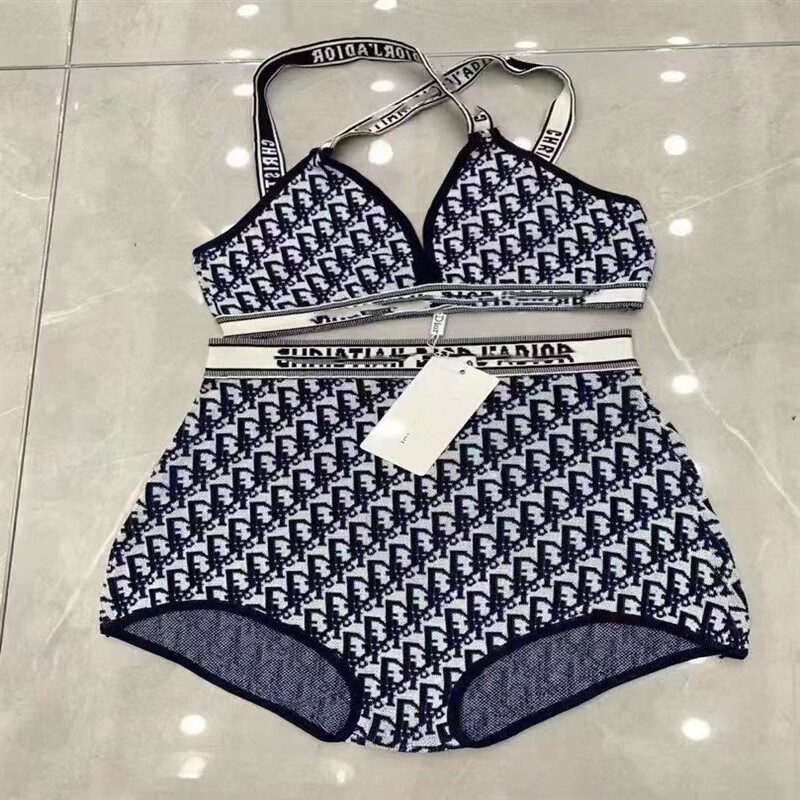 踏丽虹比基尼泳衣 字母提花复古老化logo字母针织泳衣2023夏套装女