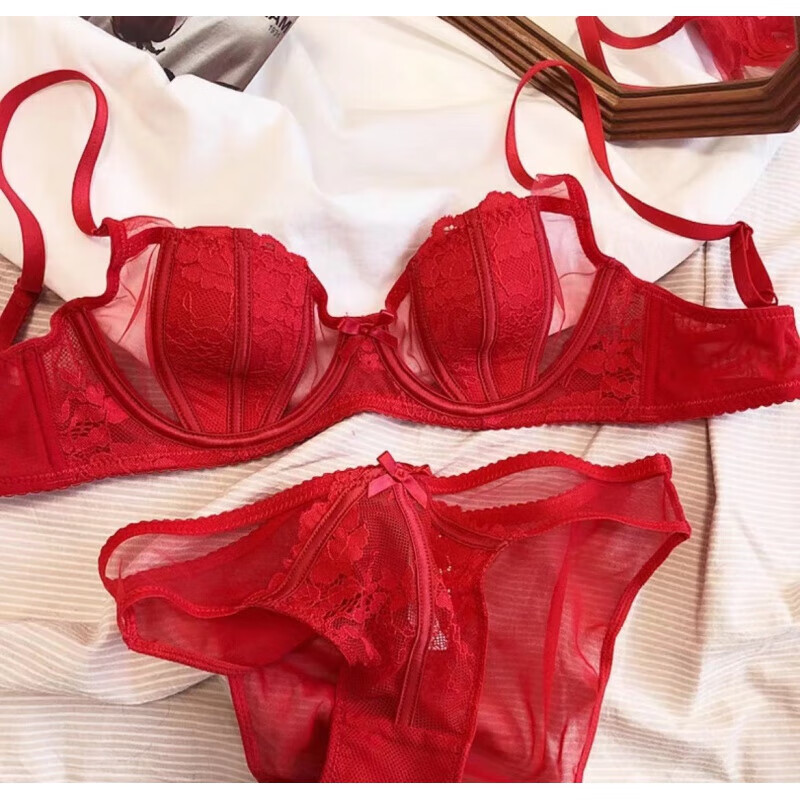 兔耳朵纯欲风半杯性感内衣女蕾丝缎面重工薄款文胸罩聚拢 红色整套 34