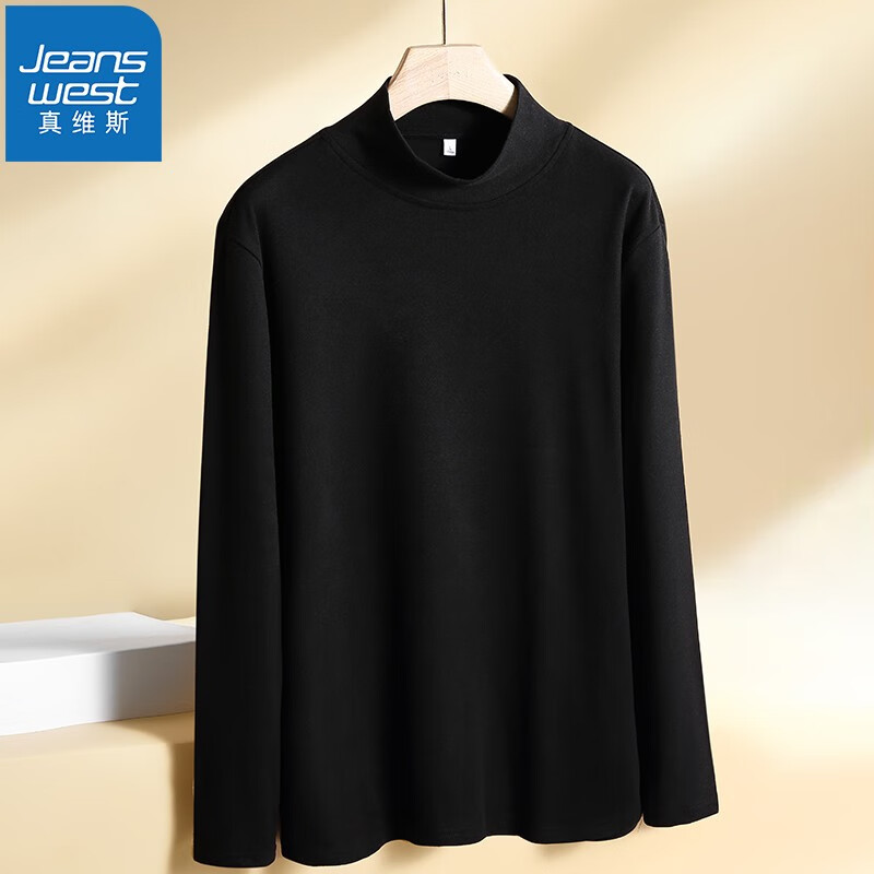 真维斯（JEANSWEST） T恤长袖男秋冬加绒加厚打底立领上衣打底衫上衣服长袖纯色t恤 黑色【立领】 4XL(推荐体重200斤-220斤左右)
