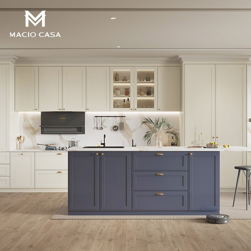 玛格(macio)橱柜定制奶油风法式厨房整体橱柜石英石台面定做中岛台