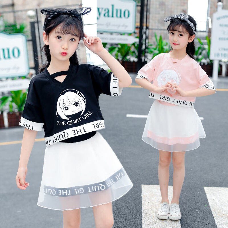 卡通短袖t恤 儿童纱裙短裙裙子女孩服装3-12岁小孩夏季衣服中大童女装