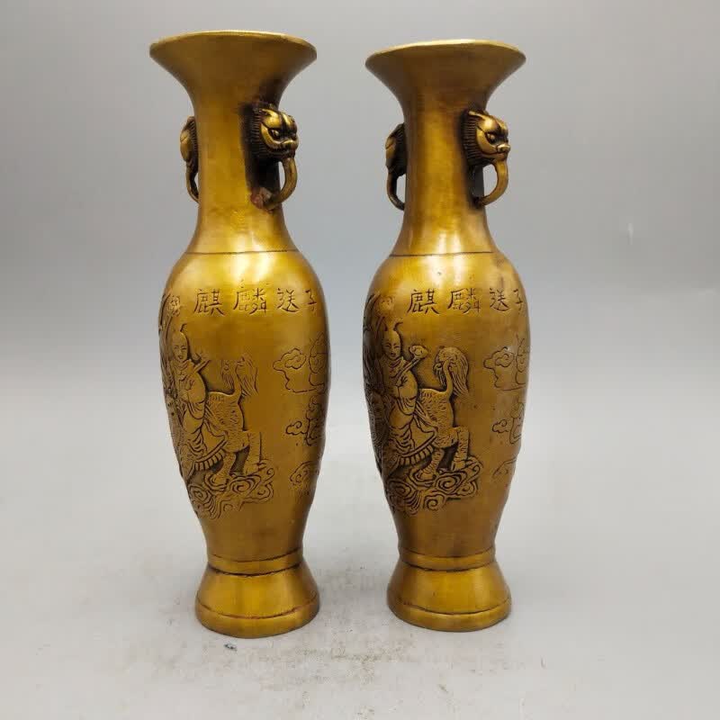 花瓶一对仿古铜瓶家居办公装饰古董古玩摆件收藏旧货老货 麒麟送子