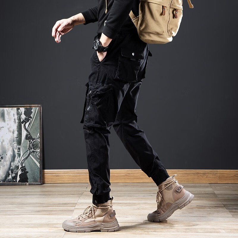 潮天士裤脚搭扣束脚工装裤男宽松休闲裤男士秋冬弹力运动小脚哈伦长