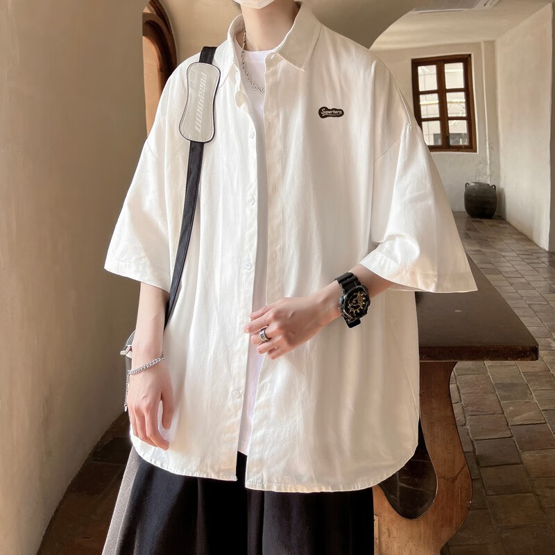 OEMG 重磅短白色袖衬衫男夏季薄款日系七分半袖潮牌宽松休闲衬衣外套 DXC397白色 M [建议90-105斤]