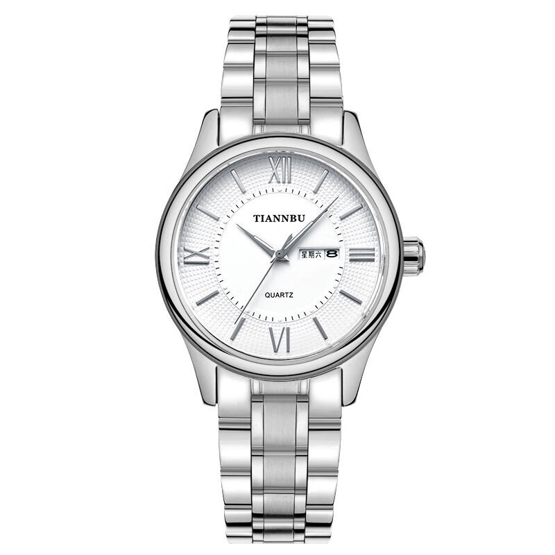 天博手表男士双日历石英表防水夜光男女士钢带表 银壳白面钢带-女