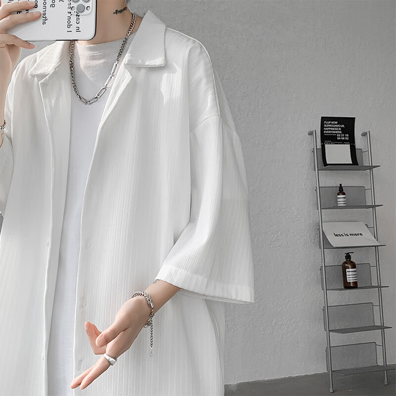 OEMG  夏季薄款短袖衬衫男女潮流垂感七分半袖高级感情侣宽松休闲外套 CS7829-黑色 3XL 【建议160-175斤】