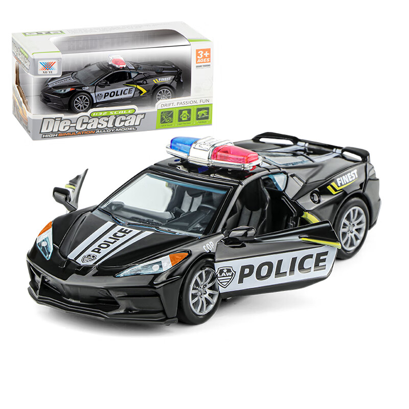 警车警察巡逻车赛车模型儿童玩具生日礼物 黑色警察跑车回力合金声光