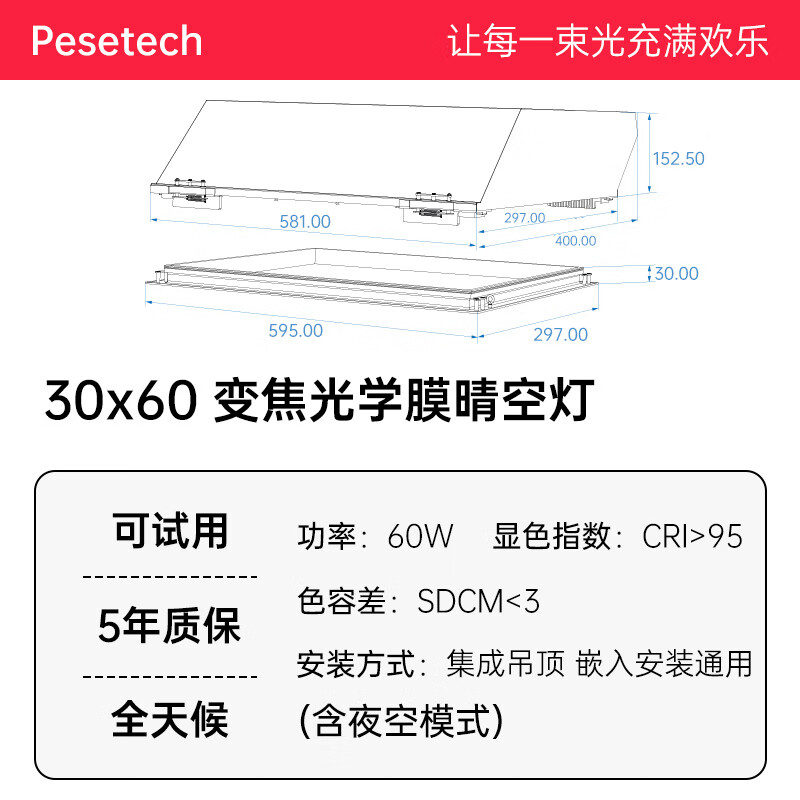 PESETECH第三代出口版變焦光學膜青空燈全天候功能晴空燈玄關走廊廚房浴室 可試用|30x60cm|帶光學膜全天候