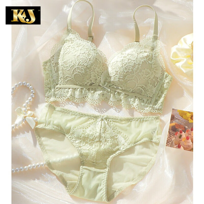 KJ内衣女无钢圈聚拢文胸性感蕾丝上托调整型文胸套装薄杯内衣套装 075神秘黑 85C =38C