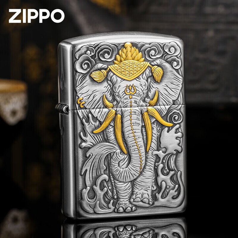 zippo zippo煤油打火机 鬼王六牙白象王盔甲纯银机贴金收藏级创意火机