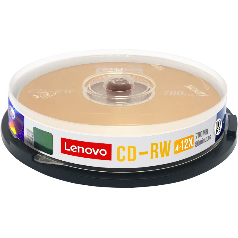 联想（Lenovo）CD-RW 刻录光盘 台产档案700M空白CD盘 可擦写CD 4-12X CD-RW 10片桶装 可重复刻录CD盘