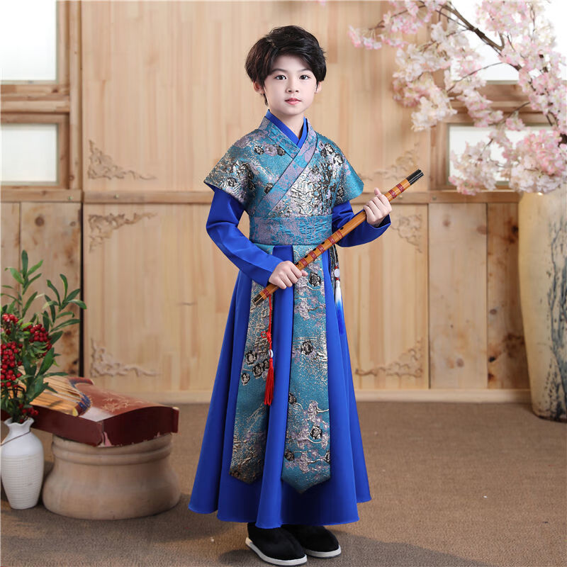 刘潮布男童汉服秋冬装加厚唐装中风儿童红色古装加绒帅气学演出服冬