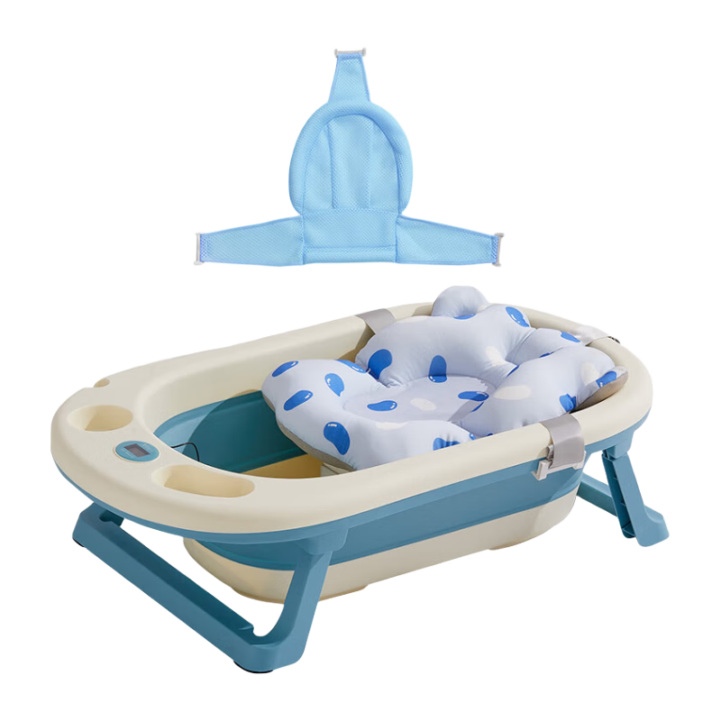 十月结晶 婴儿加厚升级洗澡盆可坐可躺家用大号新生儿童用品可折叠宝宝浴盆 蓝绿色 3件套浴盆 浴网 浴垫