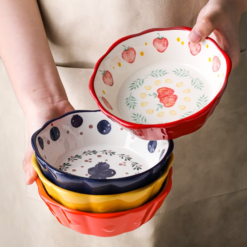 川岛屋（KAWASIMAYA） 日式水果沙拉碗可爱少女心甜品碗早餐碗麦片碗家用陶瓷烤碗小碗 水果沙拉碗(四色混装)