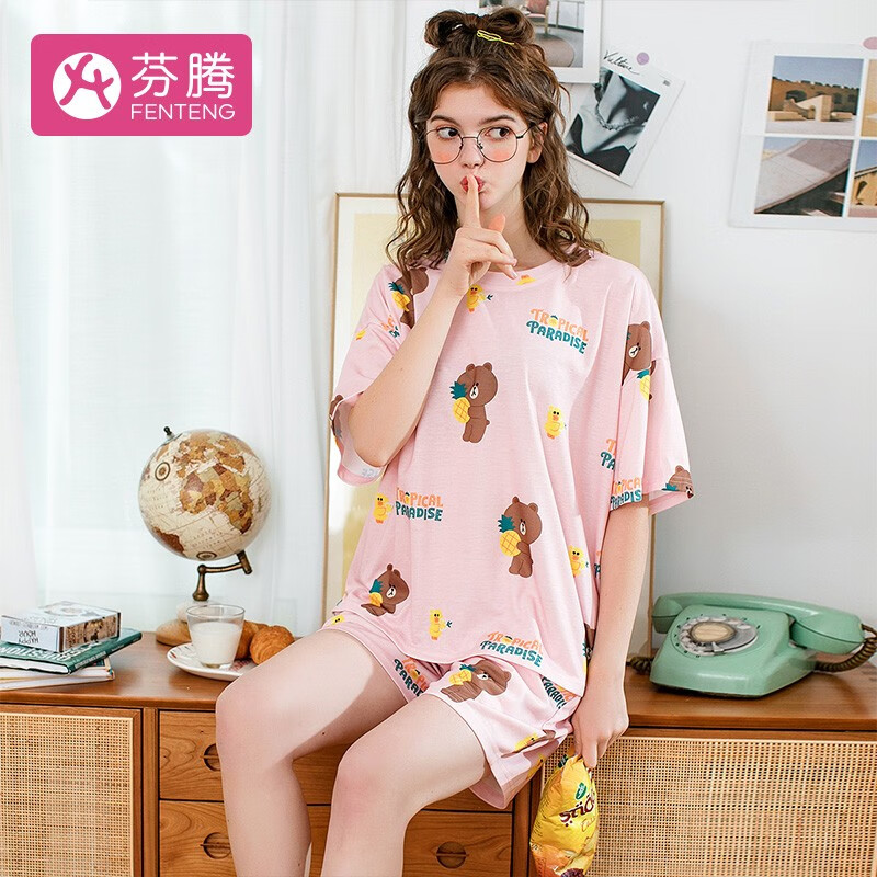 芬腾 睡衣女LINEFRIENDS21春夏新品纯棉布朗熊IP款水果印花圆领套头家居服女 粉色 L