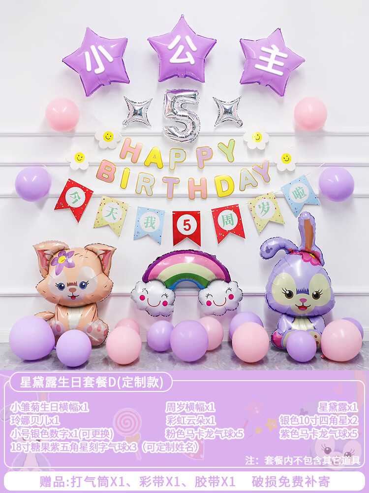 生日装饰场景布置儿童快乐背景墙一周岁 星黛露生日套餐d定制姓名年龄