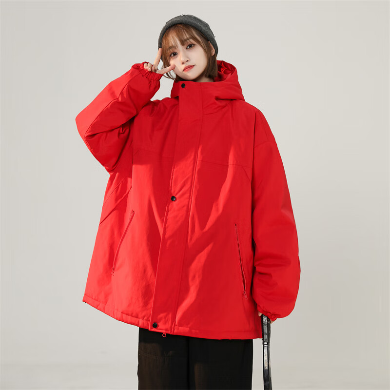 多口袋派克服棉衣男加肥大码宽松潮牌冬季中长款棉袄外套 红色图片款