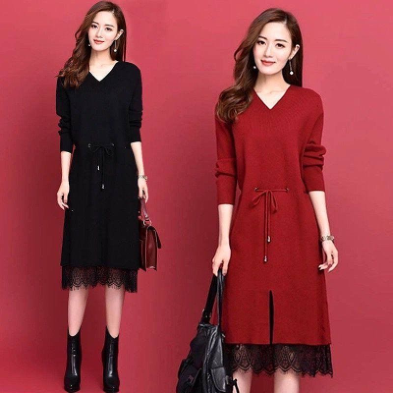 【连衣裙】2020秋新款气质淑女领蕾丝针织羊绒连衣裙系带宽松毛衣裙中长款 红色 XL