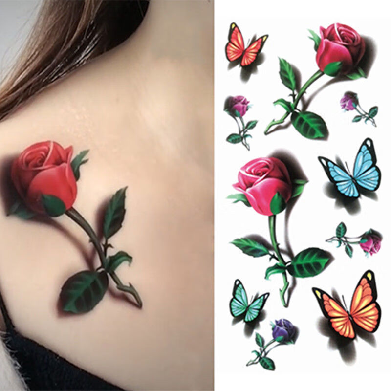领迷风玫瑰花朵蝴蝶3d立体防水纹身贴逼真性感女胸前锁骨贴纸遮疤痕
