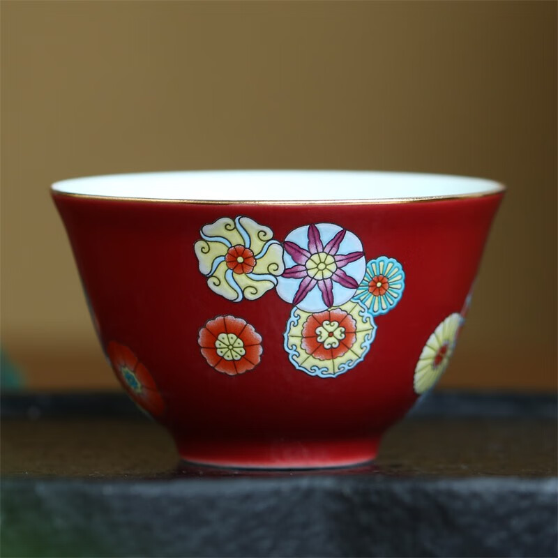 景德镇佳诚德陶瓷器功夫茶粉彩皮球花复古阔口个人单个主人杯敞口品茗