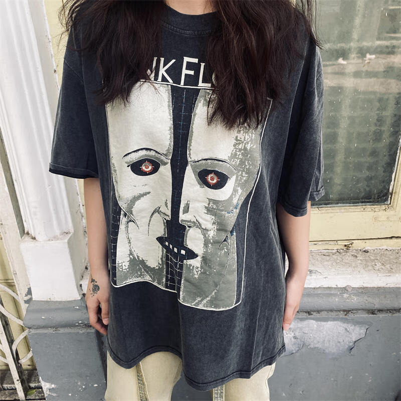 vtg石像白鬼vintage潮牌高街美式休闲做旧短袖直喷印花宽松t恤男 洗水