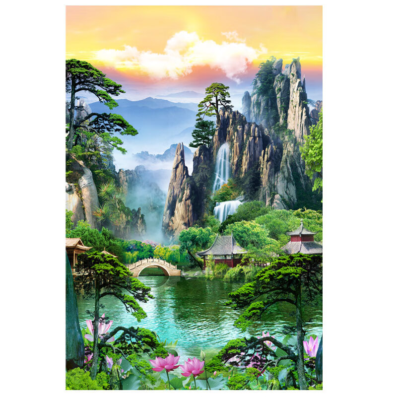 润临鹤仙堂背景佛堂无动物活物山水画仙家背景堂口亭子贴画装饰壁纸