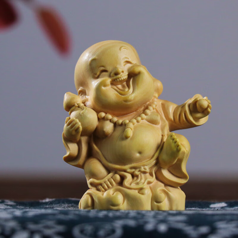 黄杨木雕福禄寿喜财笑脸弥勒佛实木雕刻家居饰品桌面摆件送礼佳品 福