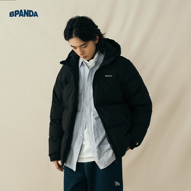 熊猫·本(ben.panda)羽绒服男潮流新款日系防泼水宽松休闲连帽80%白鸭绒保暖外套 黑色 L