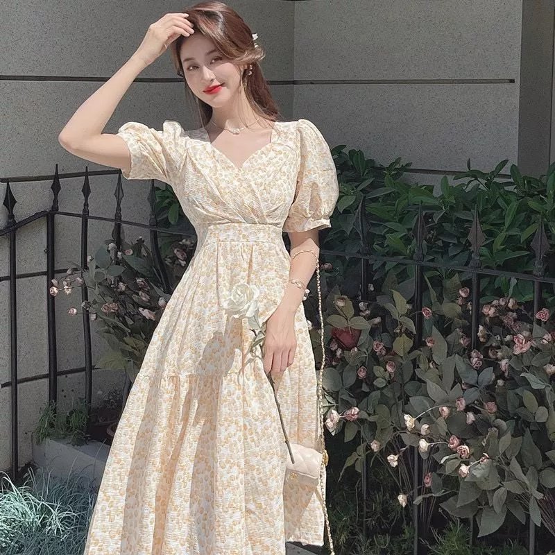 鸭绵绸茶歇法式初恋碎花连衣裙女夏季感绑带收腰温柔风雪纺气质长裙