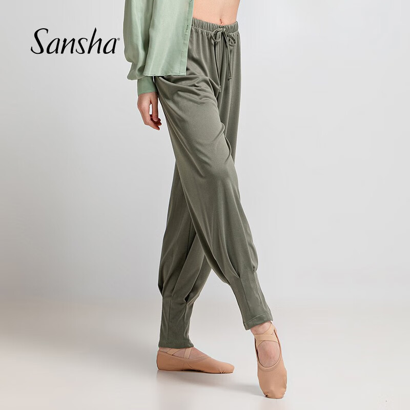 三沙（sansha）现代舞裤子女 轻薄长裤芭蕾舞蹈练功裤束口灯笼裤子 深橄榄绿 XL