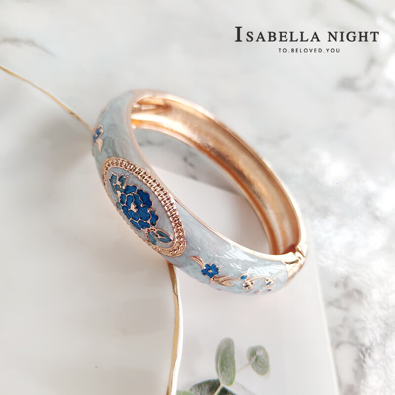 诗筠（SHIJUN）景泰蓝手镯珐琅彩北京冰蓝牡丹雕花开口手环老外旅游生日出国礼物 冰蓝牡丹花手镯_