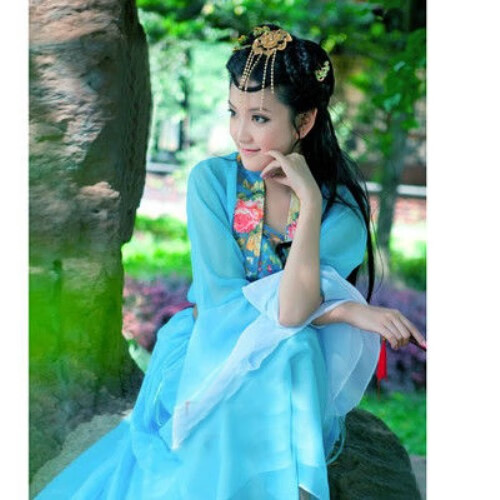 纤晟伊新汉服女古装服仙女服装七仙女唐装公主戏曲演出服古筝表演服 天蓝色高档旗袍面料 其它尺码
