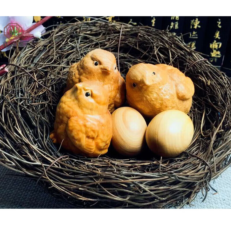 小鸡木雕鸡蛋摆件雕刻木质工艺品创意礼物手把件 三只鸡两颗蛋在鸡窝