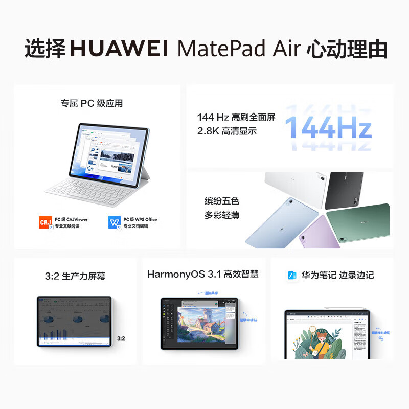 华为平板电脑MatePad Air 11.5英寸二合一学生学习游戏大屏 8+256G 黑 WIFI 标配