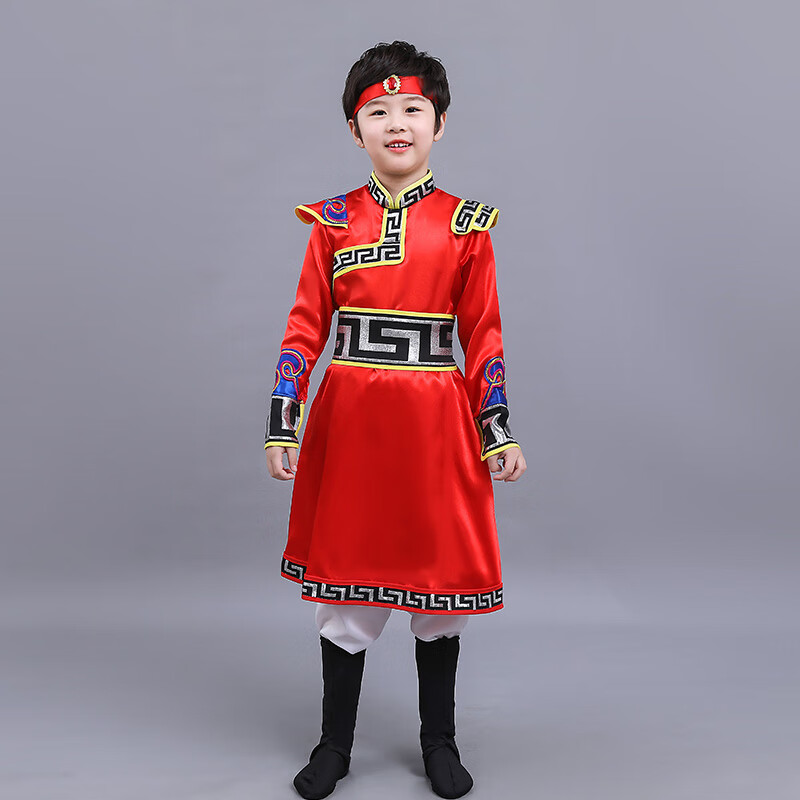 菲奢兰蒙古族服装男夏装演出服少数民族服装男童蒙族服装裙袍藏服 男