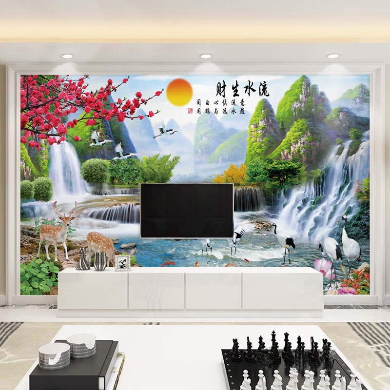 3d中式山水风景电视背景墙壁纸迎客松客厅沙发影视墙壁画风水墙纸