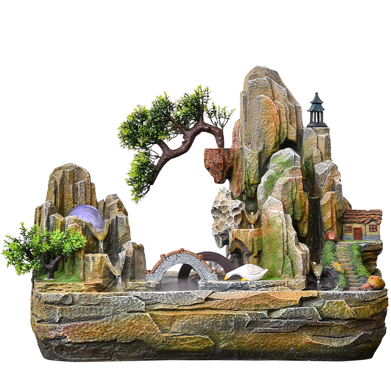 水源工坊 中式假山流水噴泉客廳擺件室內(nèi)玄關(guān)桌面高山水車高檔裝飾品 依山傍水小帶霧44*22.5*40 劃線價