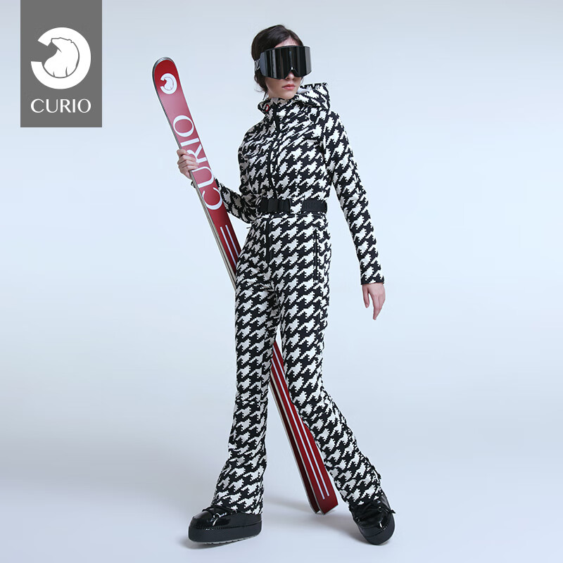 Curio 双板连体滑雪服女士修身防风加绒复古千鸟格连帽显瘦户外 黑千鸟格 S