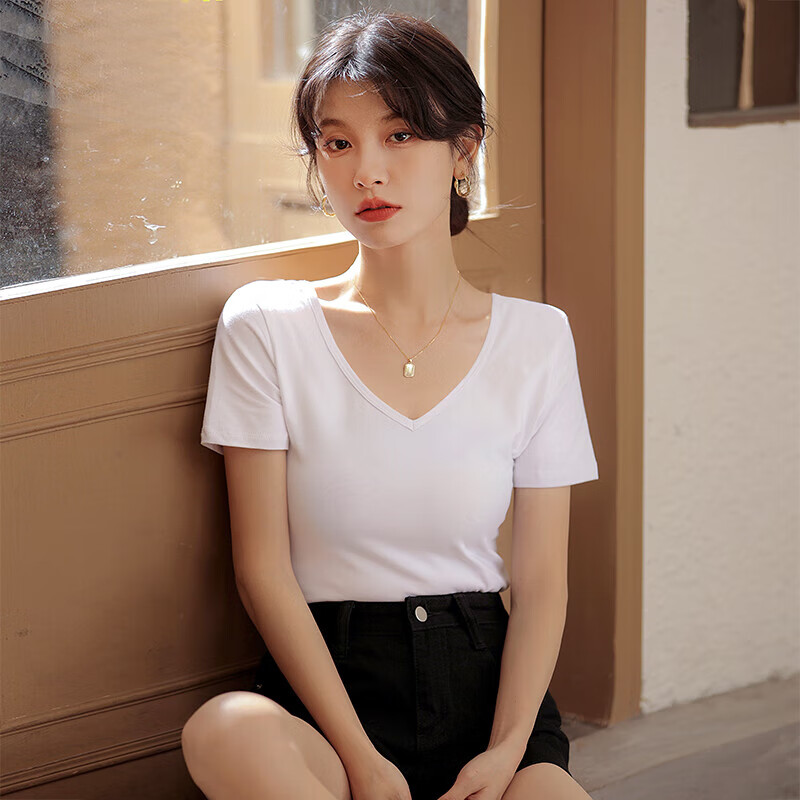 安源小子女士鸡心领半袖女半截袖t恤棉大短袖夏天穿的夏季显瘦正肩